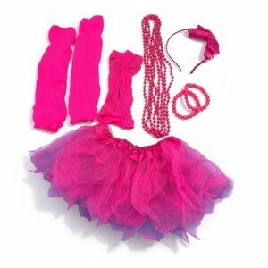 Girls 80s Neon Pink Costume Set With Headband Gloves & Jewelry